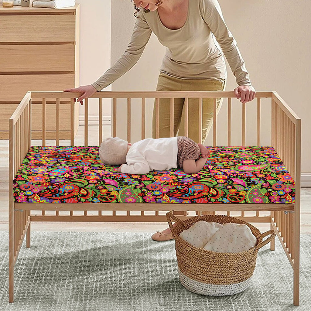 Colorful Hippie Peace Signs Print Baby Crib Sheet