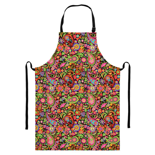 Colorful Hippie Peace Signs Print Bib Apron With Pocket