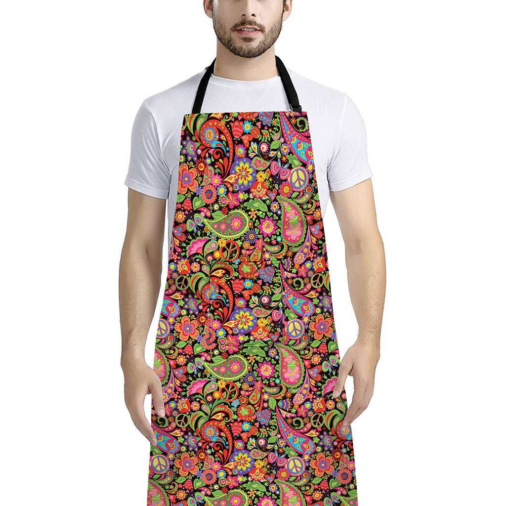 Colorful Hippie Peace Signs Print Bib Apron With Pocket