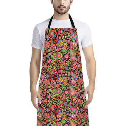 Colorful Hippie Peace Signs Print Bib Apron With Pocket