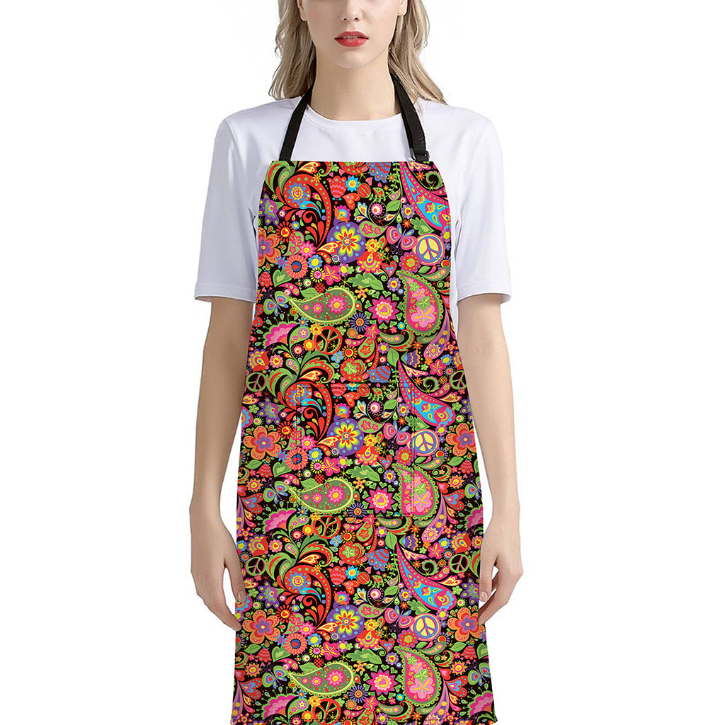 Colorful Hippie Peace Signs Print Bib Apron With Pocket