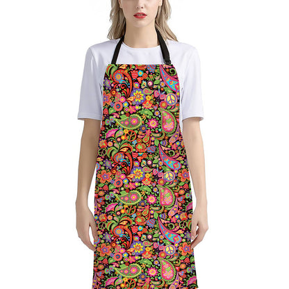 Colorful Hippie Peace Signs Print Bib Apron With Pocket