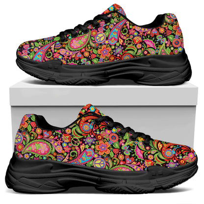 Colorful Hippie Peace Signs Print Black Chunky Shoes