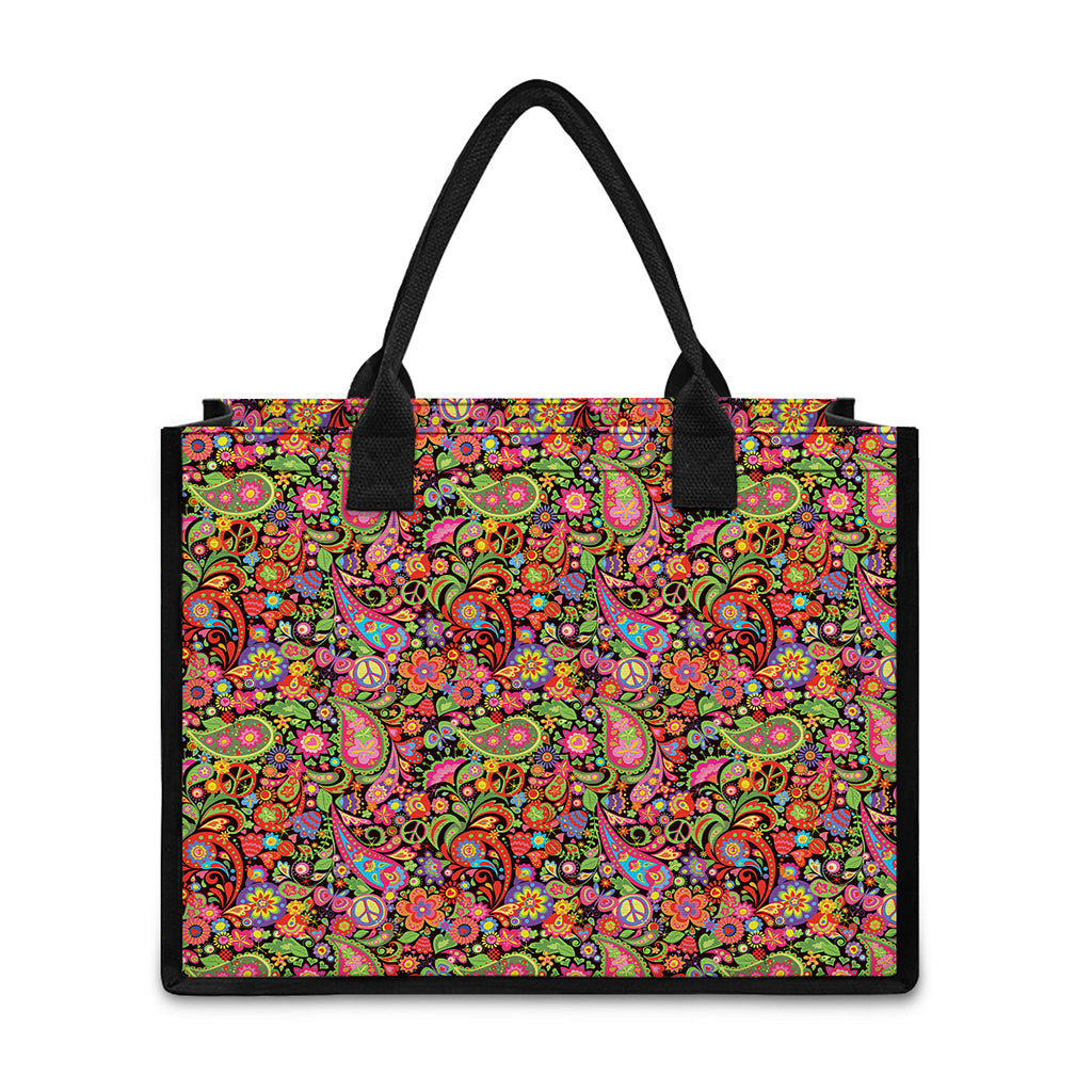Colorful Hippie Peace Signs Print Canvas Tote Bag