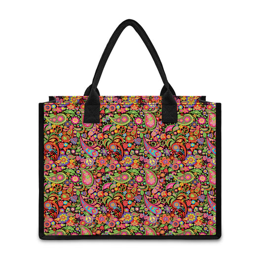 Colorful Hippie Peace Signs Print Canvas Tote Bag