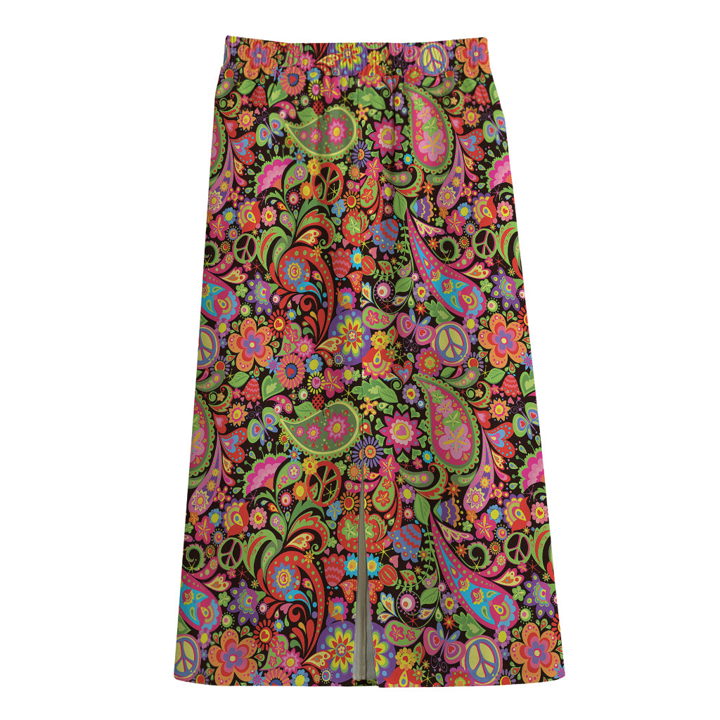 Colorful Hippie Peace Signs Print Cotton Front Slit Maxi Skirt