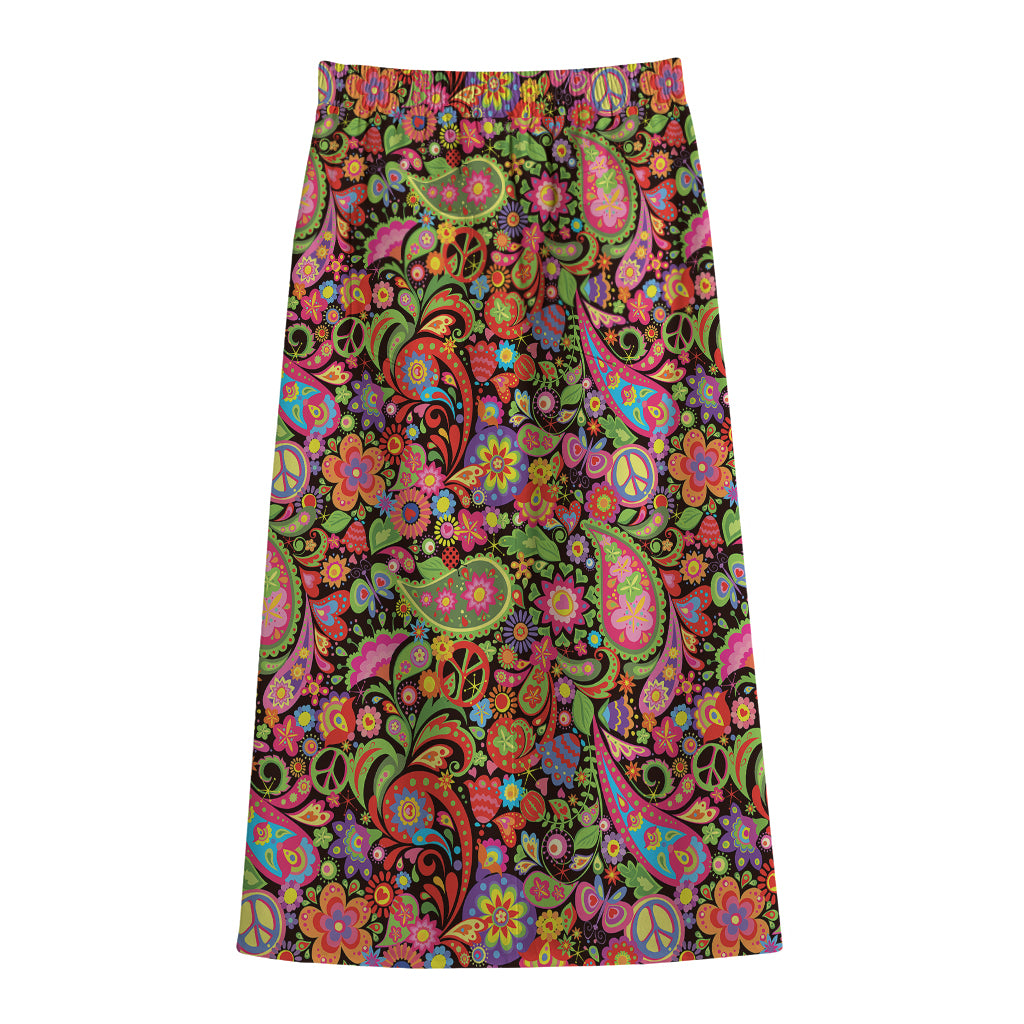 Colorful Hippie Peace Signs Print Cotton Front Slit Maxi Skirt