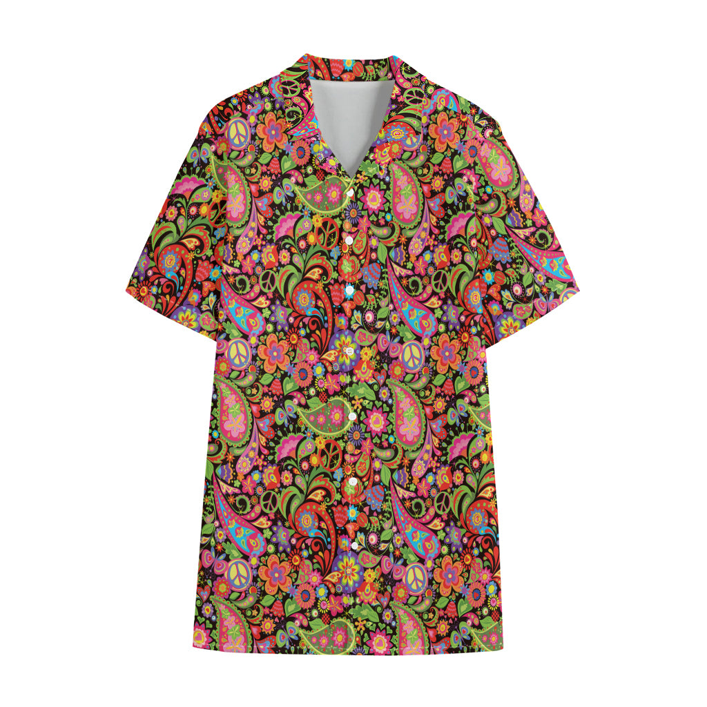 Colorful Hippie Peace Signs Print Cotton Hawaiian Shirt