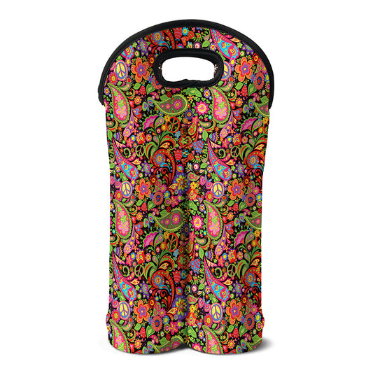 Colorful Hippie Peace Signs Print Double Neoprene Wine Tote