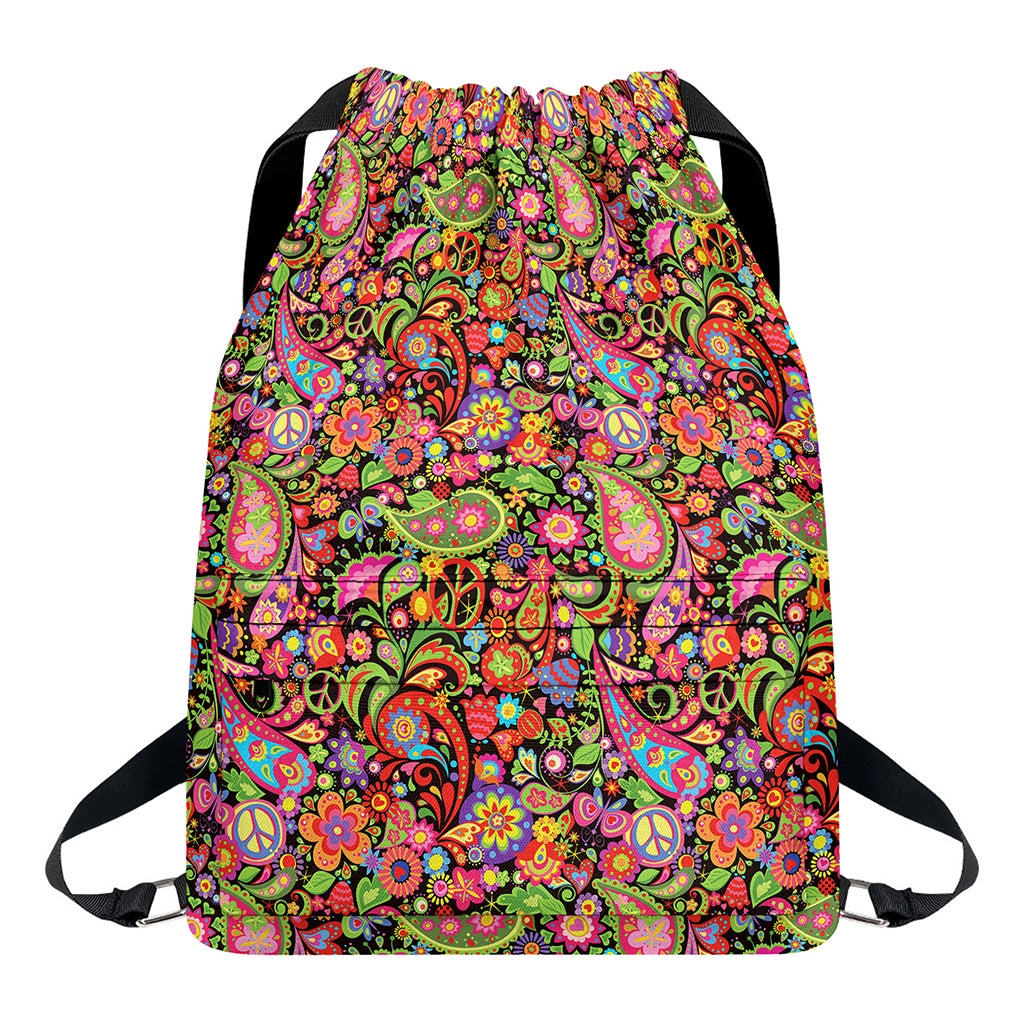 Colorful Hippie Peace Signs Print Drawstring Backpack