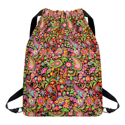 Colorful Hippie Peace Signs Print Drawstring Backpack