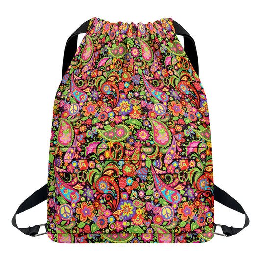 Colorful Hippie Peace Signs Print Drawstring Backpack