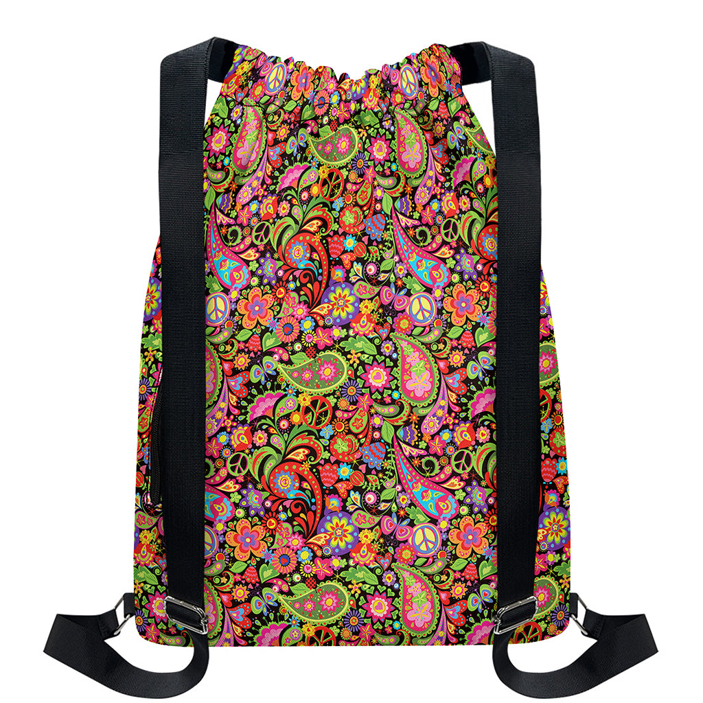 Colorful Hippie Peace Signs Print Drawstring Backpack