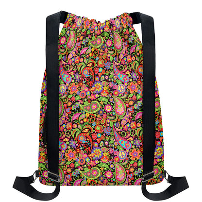 Colorful Hippie Peace Signs Print Drawstring Backpack