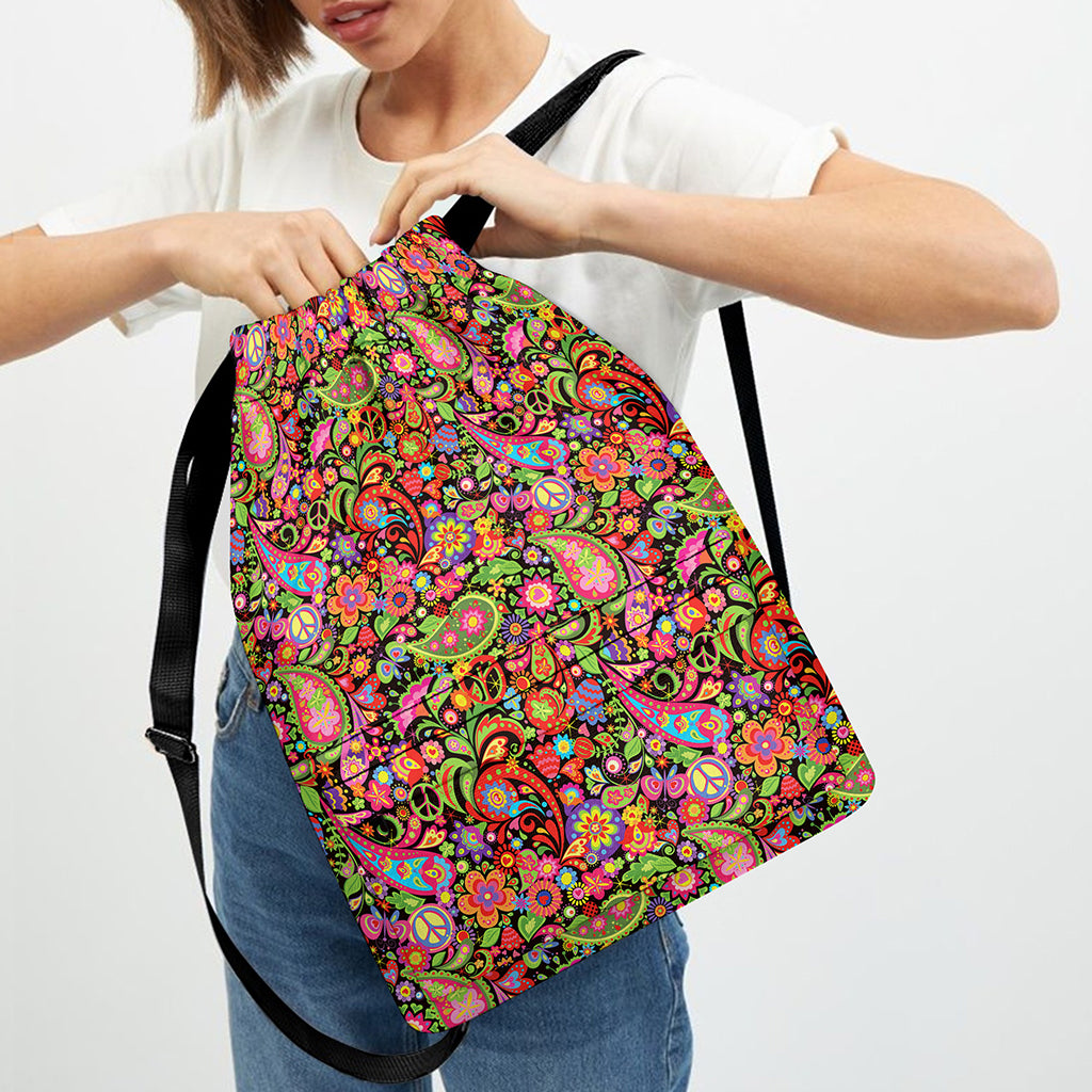 Colorful Hippie Peace Signs Print Drawstring Backpack