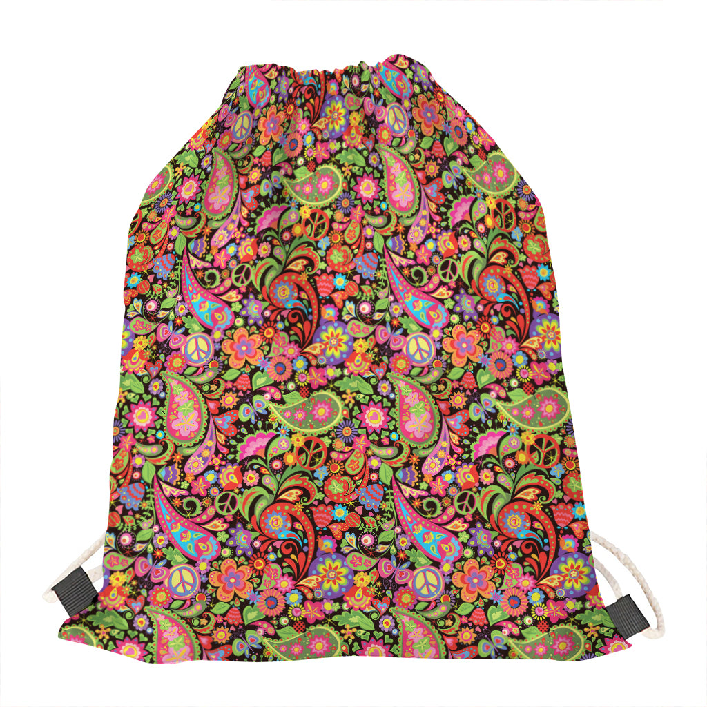 Colorful Hippie Peace Signs Print Drawstring Bag