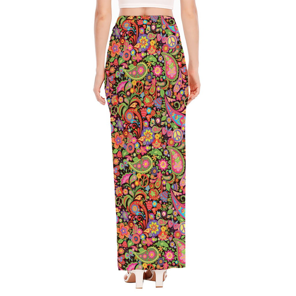 Colorful Hippie Peace Signs Print High Slit Maxi Skirt