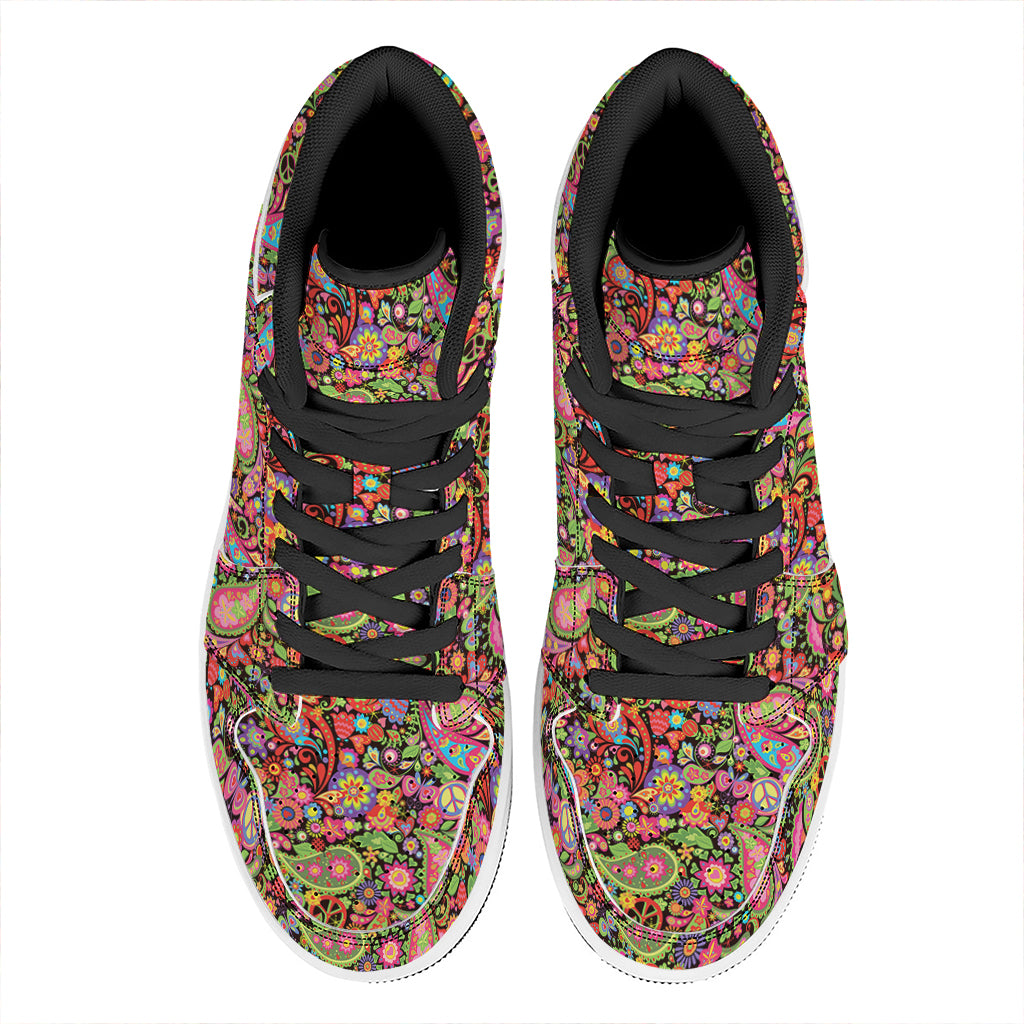 Colorful Hippie Peace Signs Print High Top Leather Sneakers