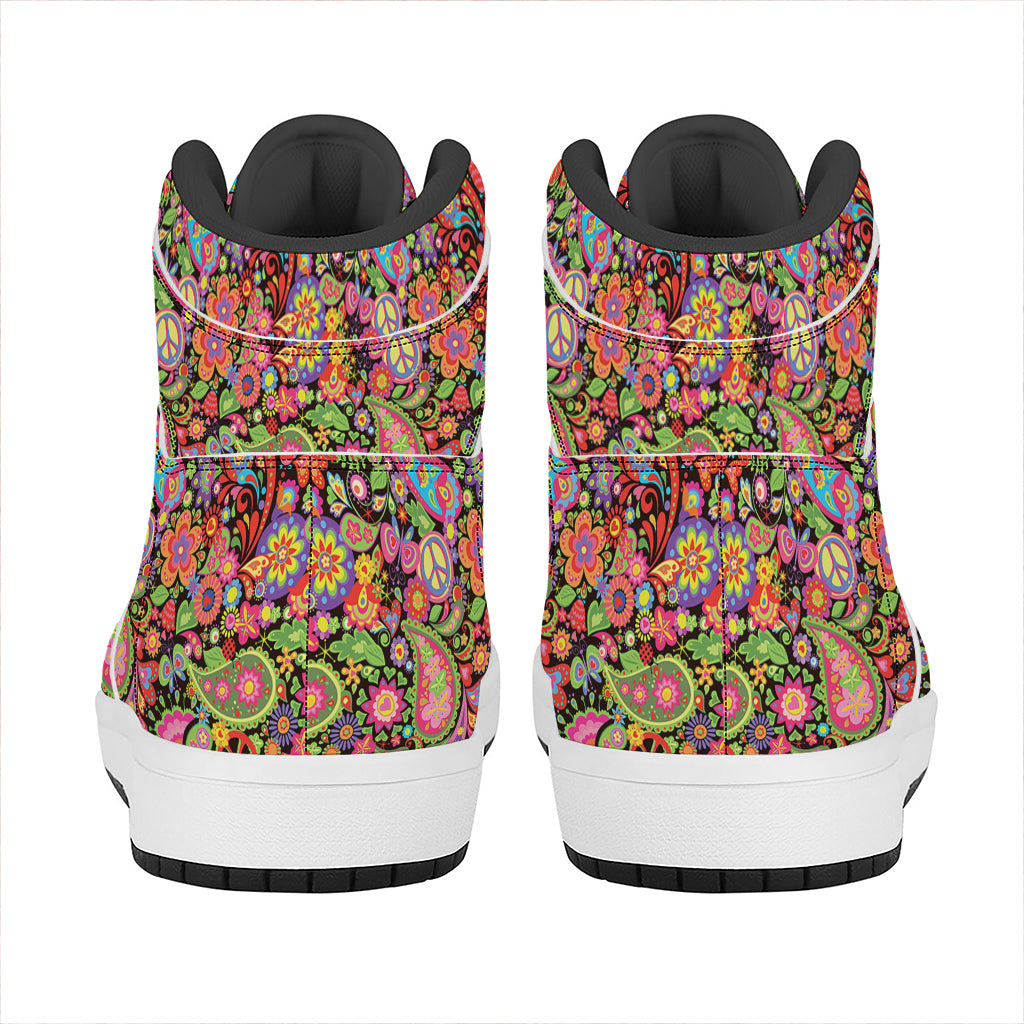 Colorful Hippie Peace Signs Print High Top Leather Sneakers