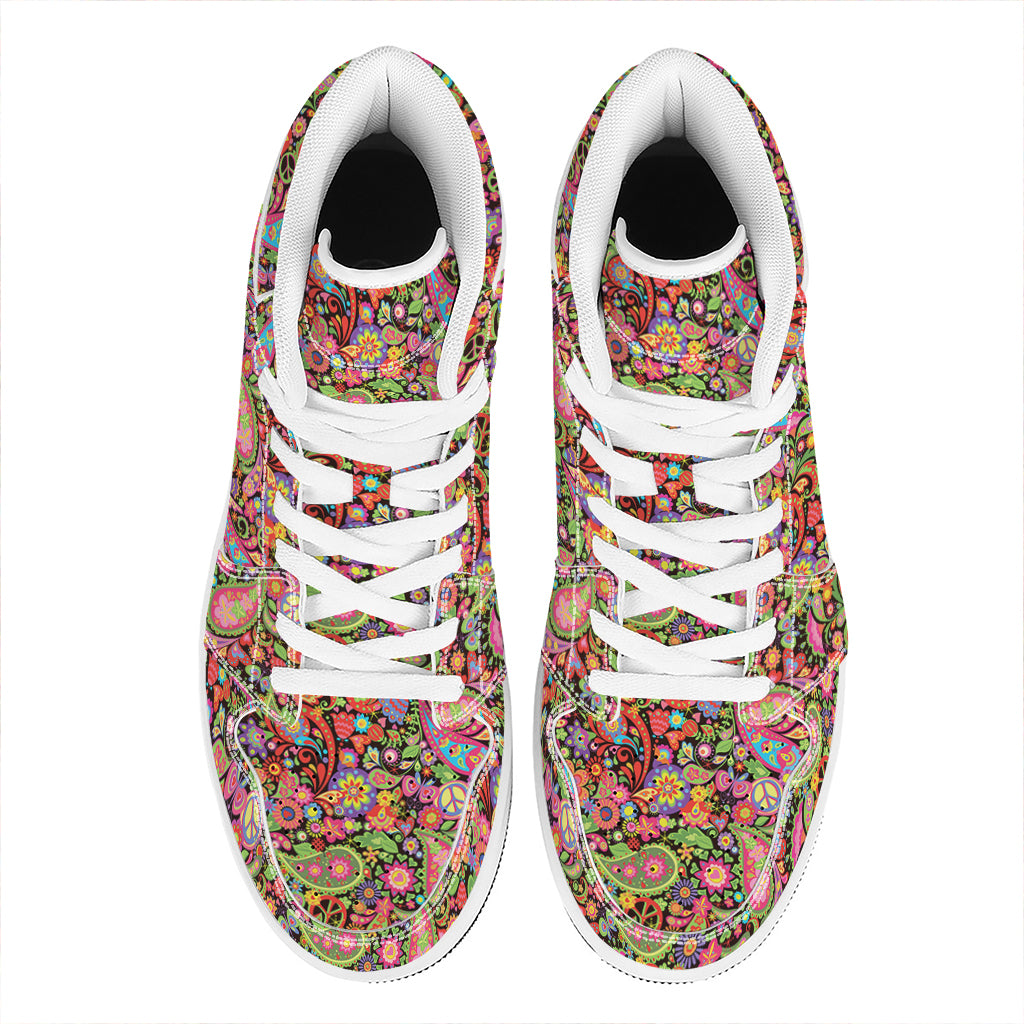 Colorful Hippie Peace Signs Print High Top Leather Sneakers