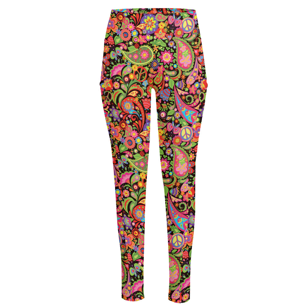 Colorful Hippie Peace Signs Print High-Waisted Pocket Leggings