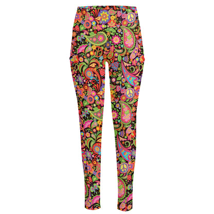 Colorful Hippie Peace Signs Print High-Waisted Pocket Leggings