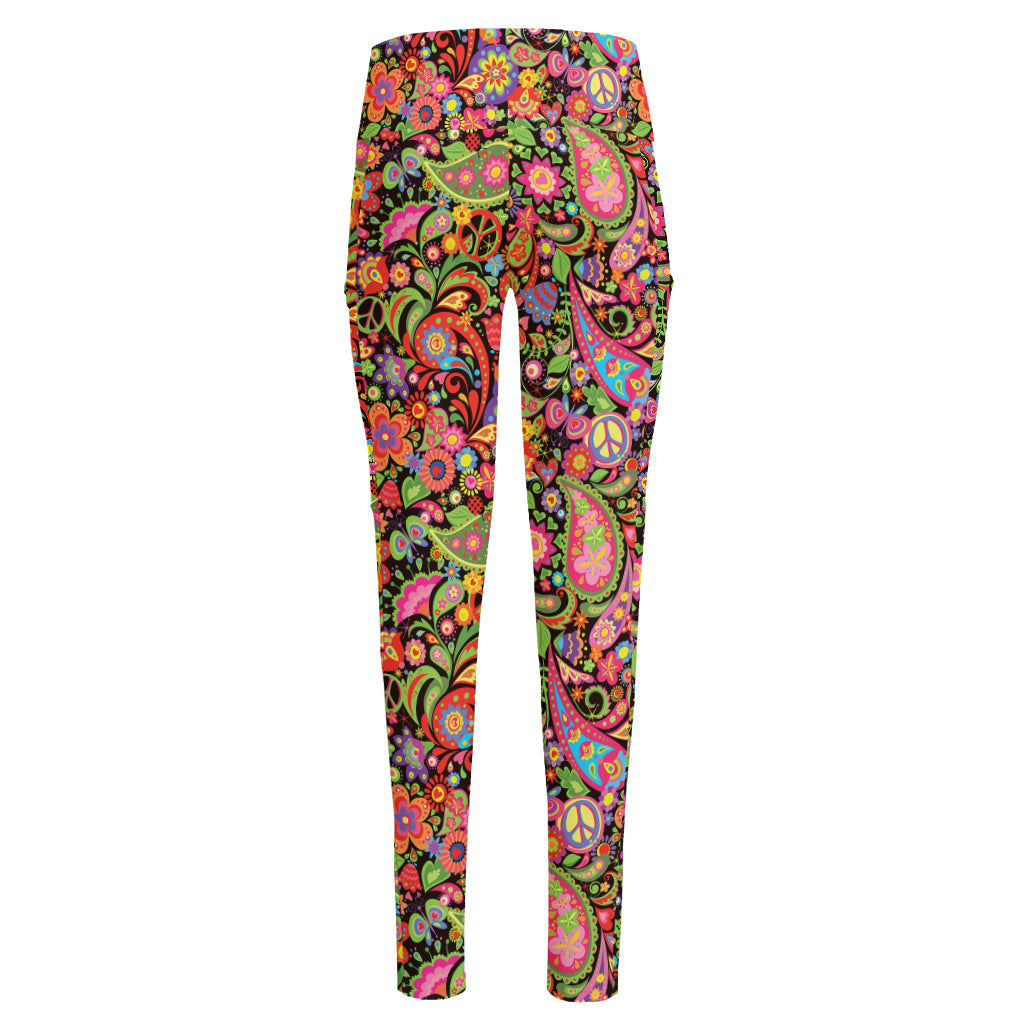 Colorful Hippie Peace Signs Print High-Waisted Pocket Leggings