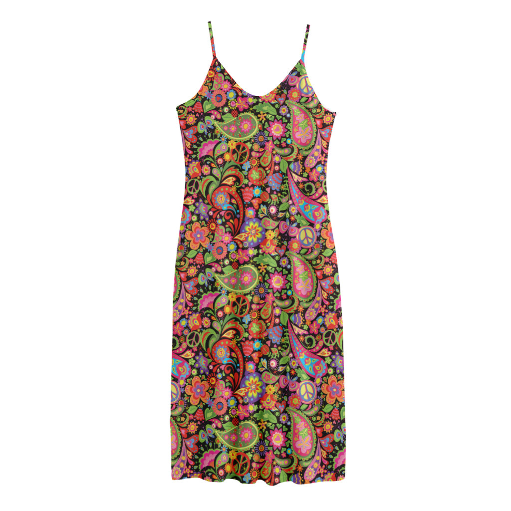 Colorful Hippie Peace Signs Print Jersey Midi Cami Dress