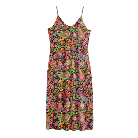 Colorful Hippie Peace Signs Print Jersey Midi Cami Dress