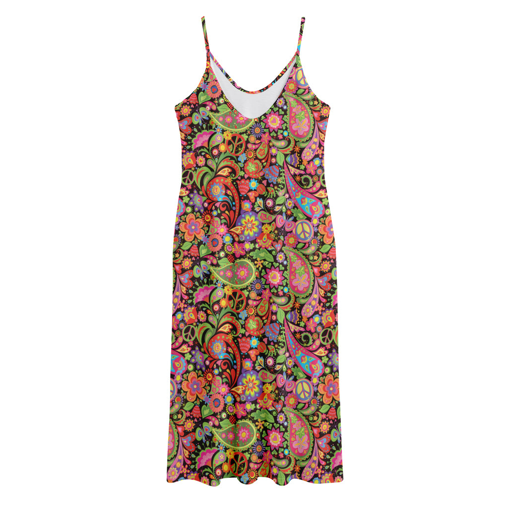 Colorful Hippie Peace Signs Print Jersey Midi Cami Dress