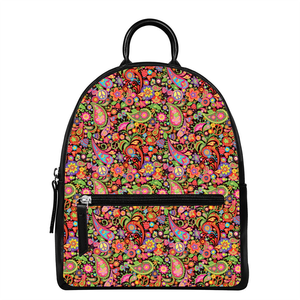 Colorful Hippie Peace Signs Print Leather Backpack