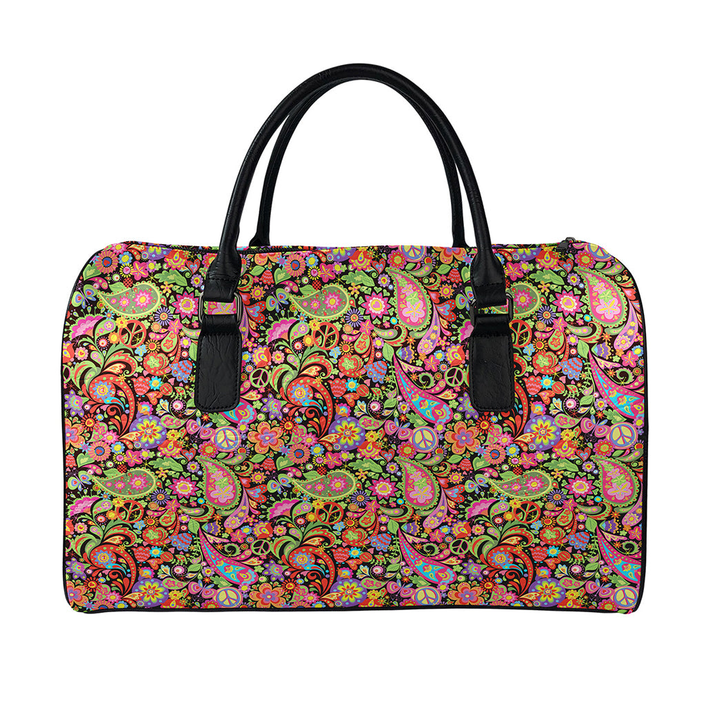 Colorful Hippie Peace Signs Print Leather Duffle Bag