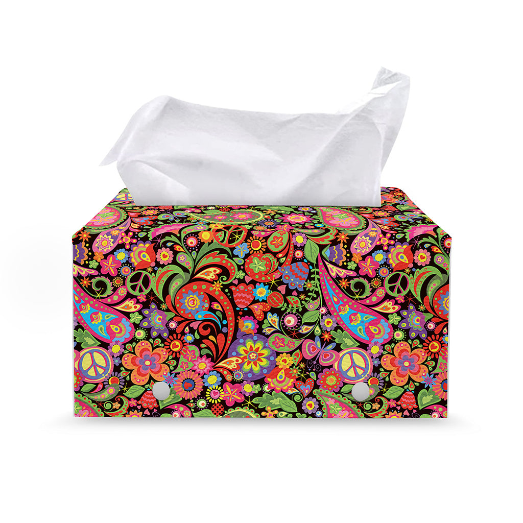 Colorful Hippie Peace Signs Print Leather Tissue Box Cover