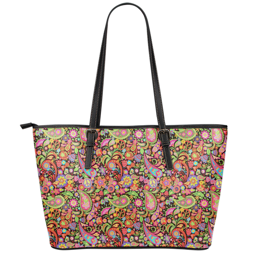 Colorful Hippie Peace Signs Print Leather Tote Bag