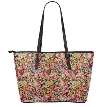 Colorful Hippie Peace Signs Print Leather Tote Bag