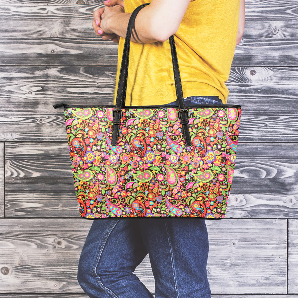 Colorful Hippie Peace Signs Print Leather Tote Bag