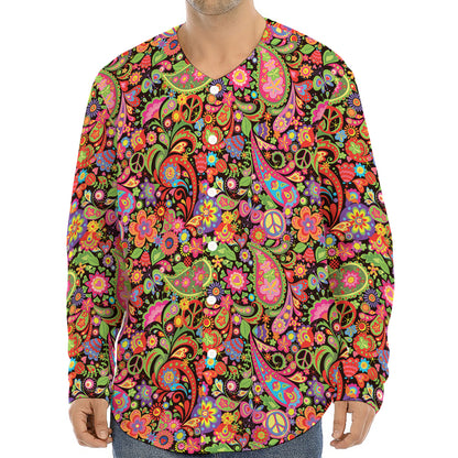Colorful Hippie Peace Signs Print Long Sleeve Baseball Jersey