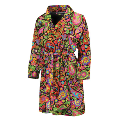 Colorful Hippie Peace Signs Print Men's Bathrobe