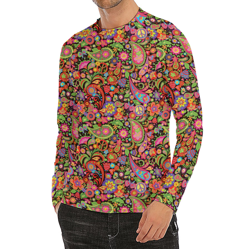 Colorful Hippie Peace Signs Print Men's Long Sleeve Rash Guard