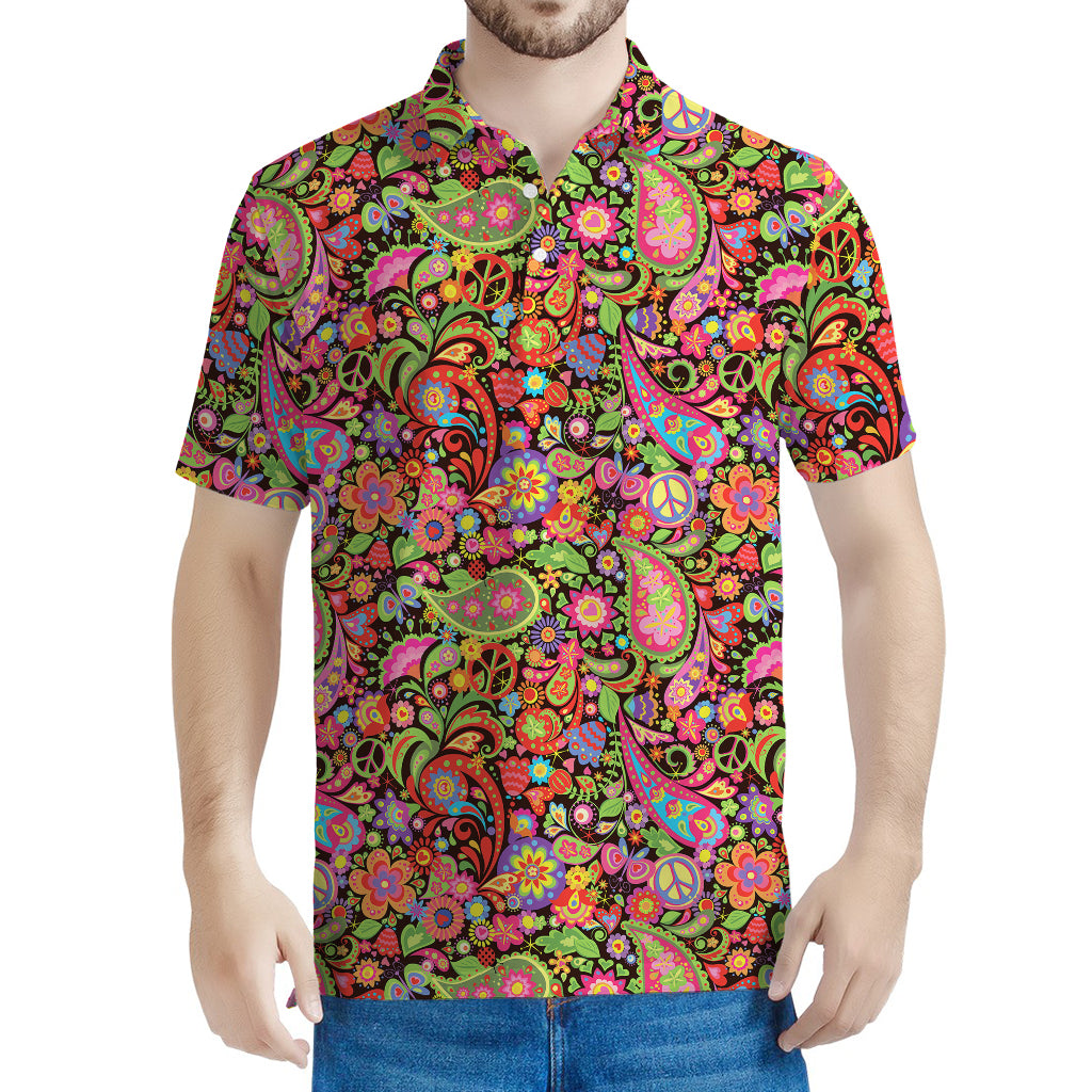 Colorful Hippie Peace Signs Print Men's Polo Shirt