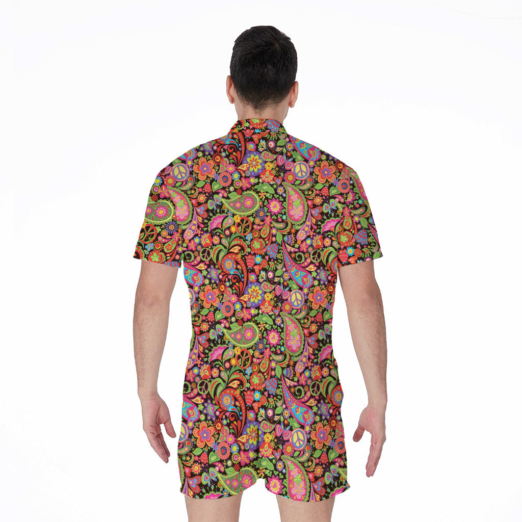 Colorful Hippie Peace Signs Print Men's Rompers