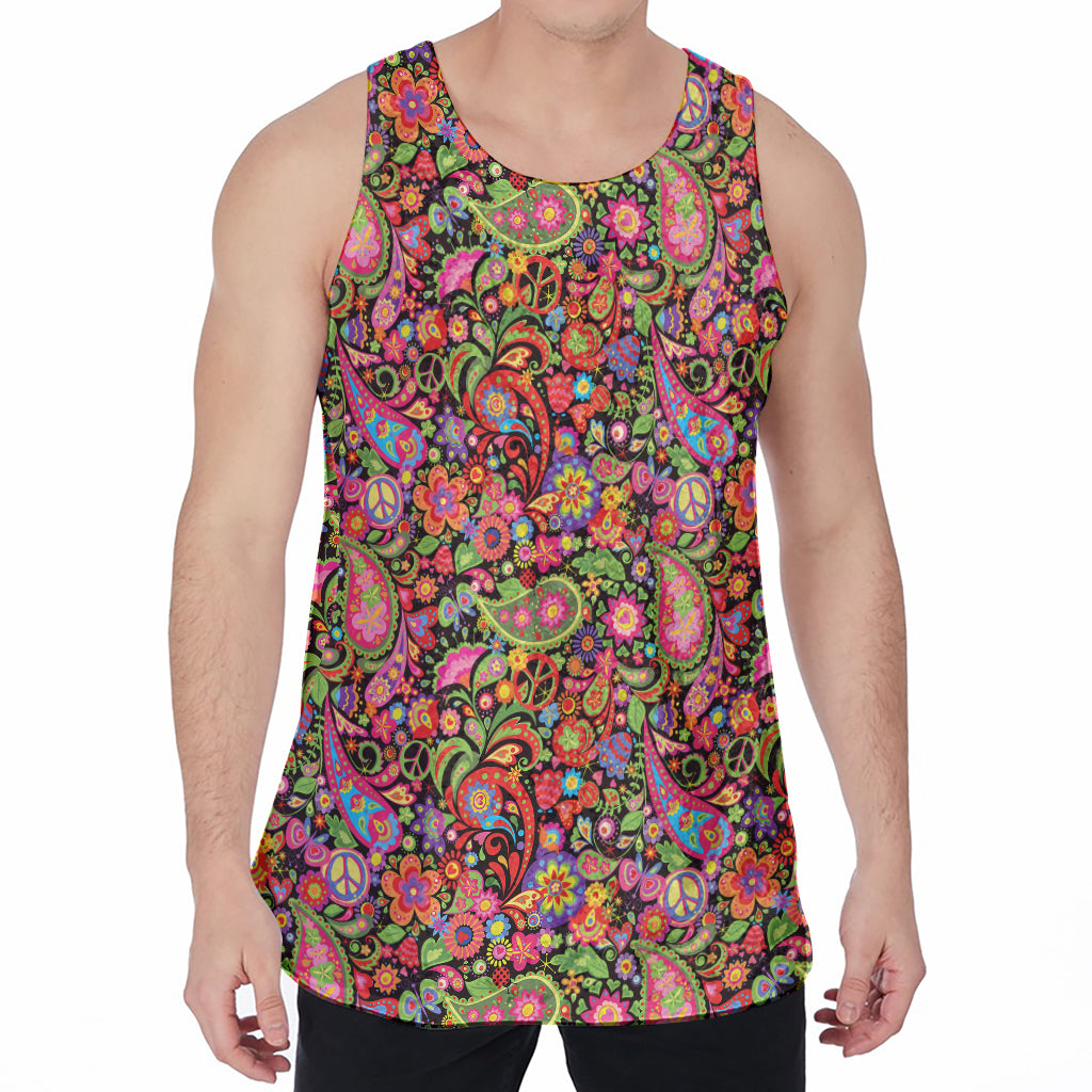 Colorful Hippie Peace Signs Print Men's Velvet Tank Top