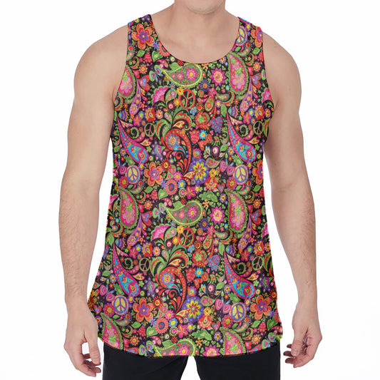 Colorful Hippie Peace Signs Print Men's Velvet Tank Top