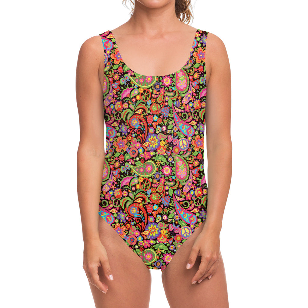 Colorful Hippie Peace Signs Print One Piece Swimsuit