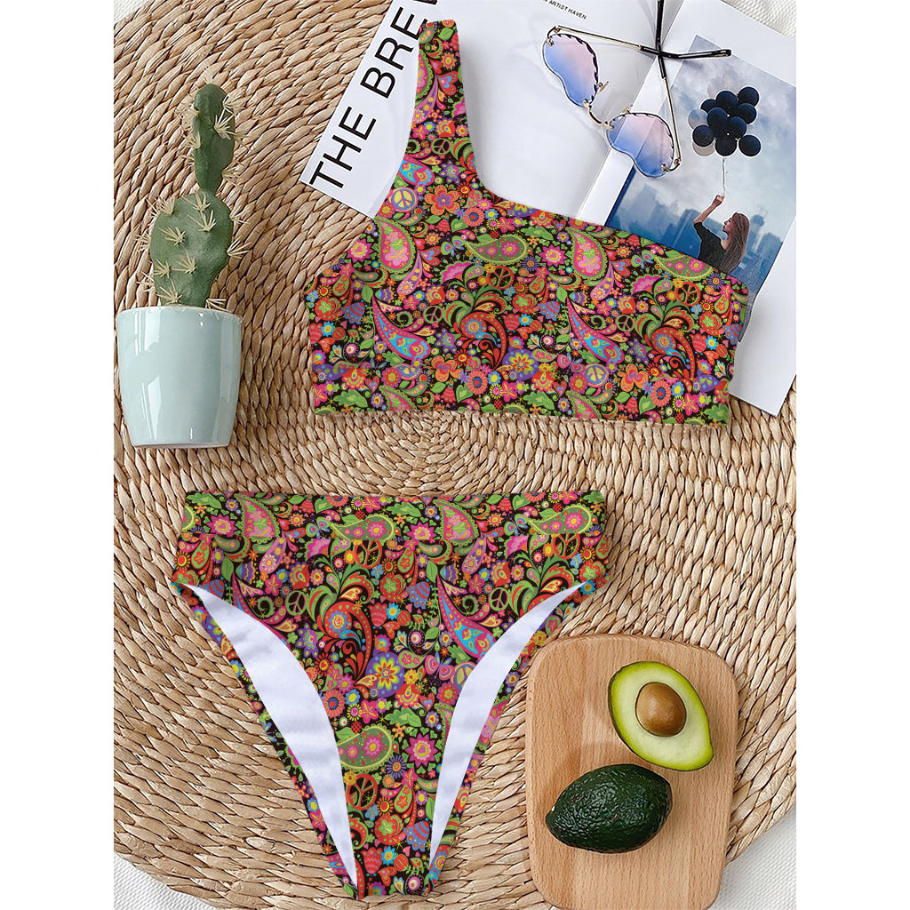 Colorful Hippie Peace Signs Print One Shoulder Bikini Top