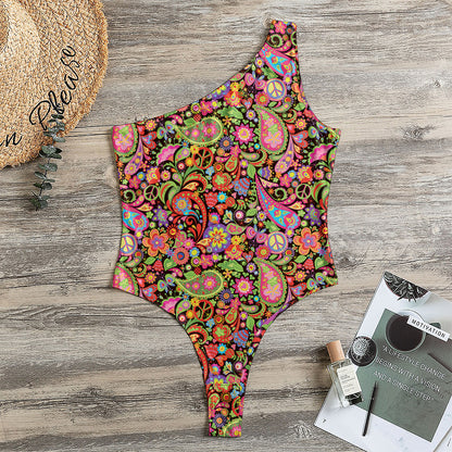 Colorful Hippie Peace Signs Print One Shoulder Bodysuit