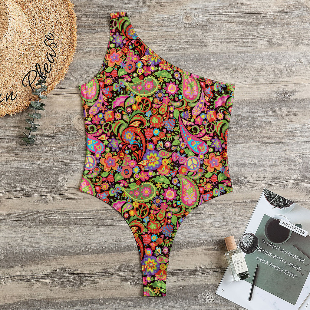 Colorful Hippie Peace Signs Print One Shoulder Bodysuit