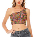 Colorful Hippie Peace Signs Print One Shoulder Crop Top