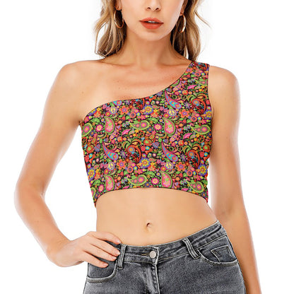 Colorful Hippie Peace Signs Print One Shoulder Crop Top