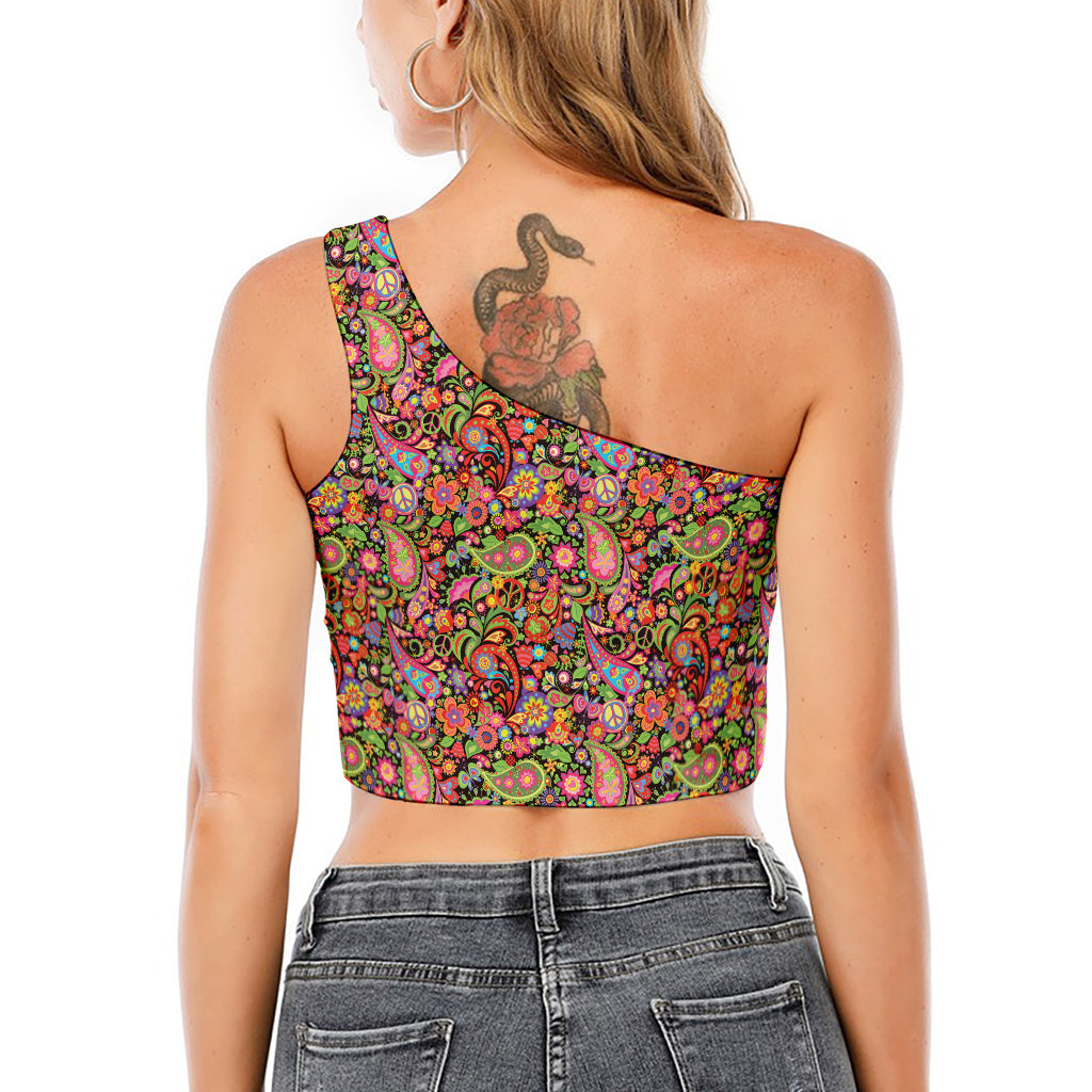 Colorful Hippie Peace Signs Print One Shoulder Crop Top